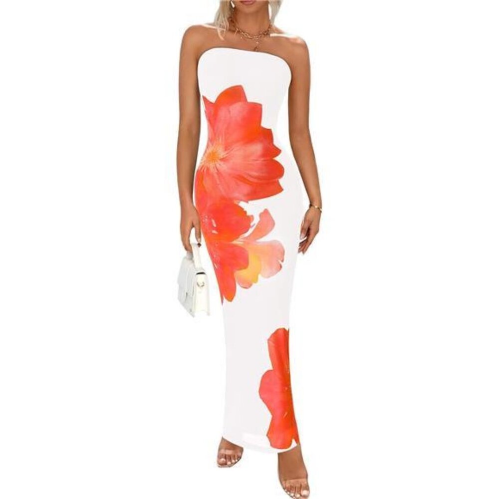 Women Summer Strapless Maxi Dress White Orange Floral